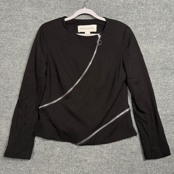 Doncaster Sz 10 Asymmetrical Zipper Moto Jacket Black Rayon Nylon Blend Stretch - Picture 1 of 8